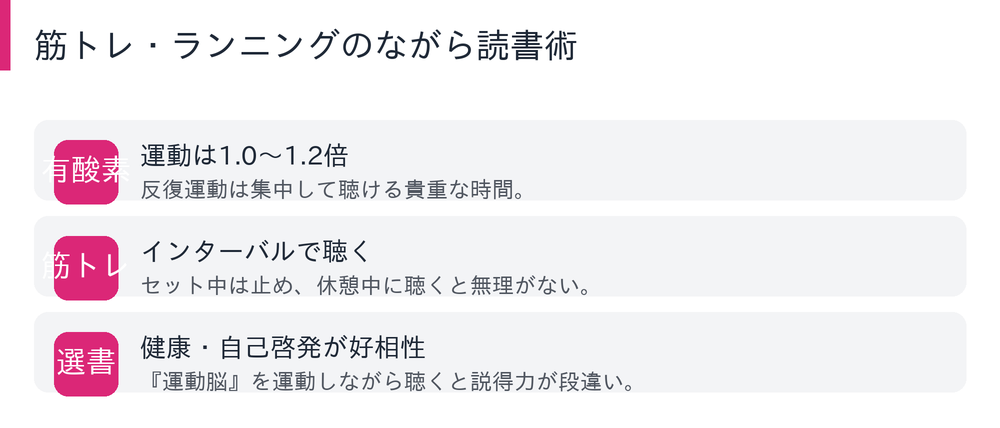 筋トレ・ランニングでのながら読書術の図